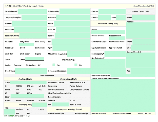 GPLN Laboratory Submission Form screenshot