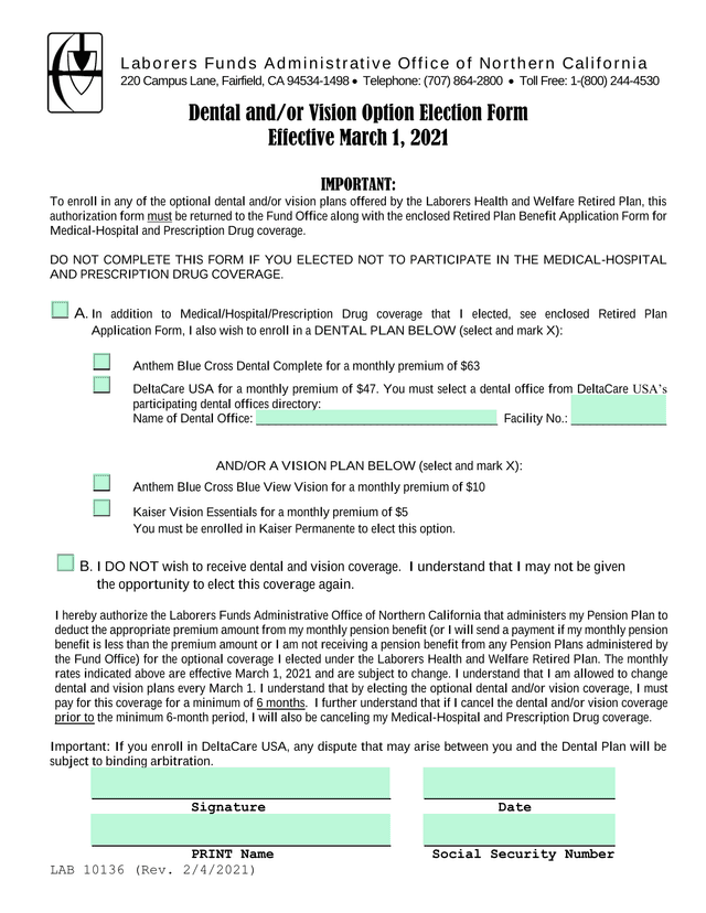 Dental AndOr Vision Option Election Form screenshot