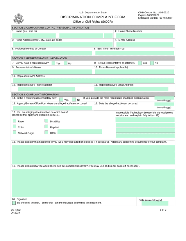 U.S. Department Of State Discrimination Complaint Form screenshot