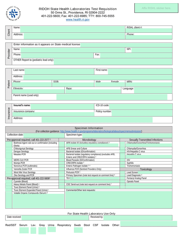 RIDOH State Health Laboratories Test Requisition screenshot