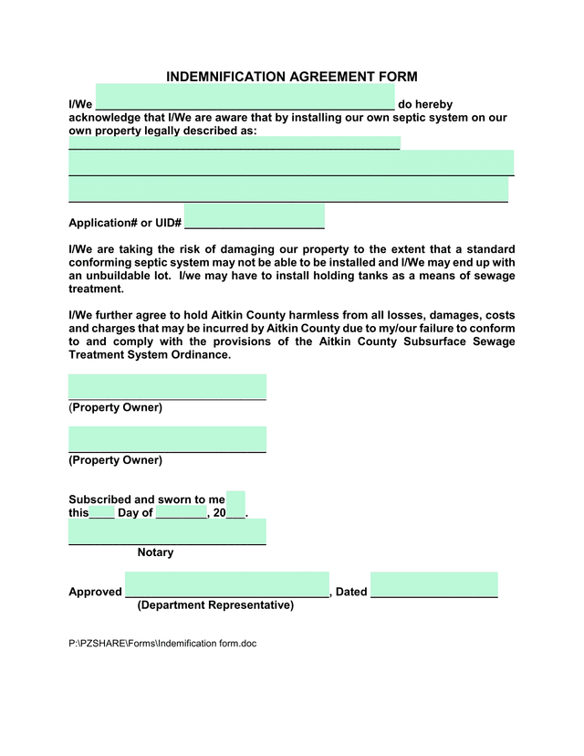 INDEMNIFICATION AGREEMENT FORM screenshot