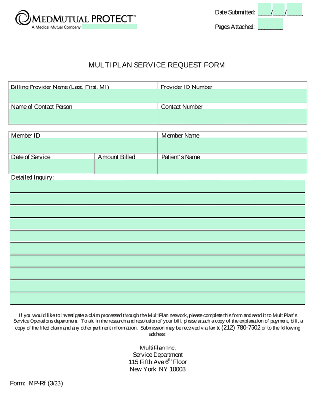 MultiPlan Service Request Form screenshot