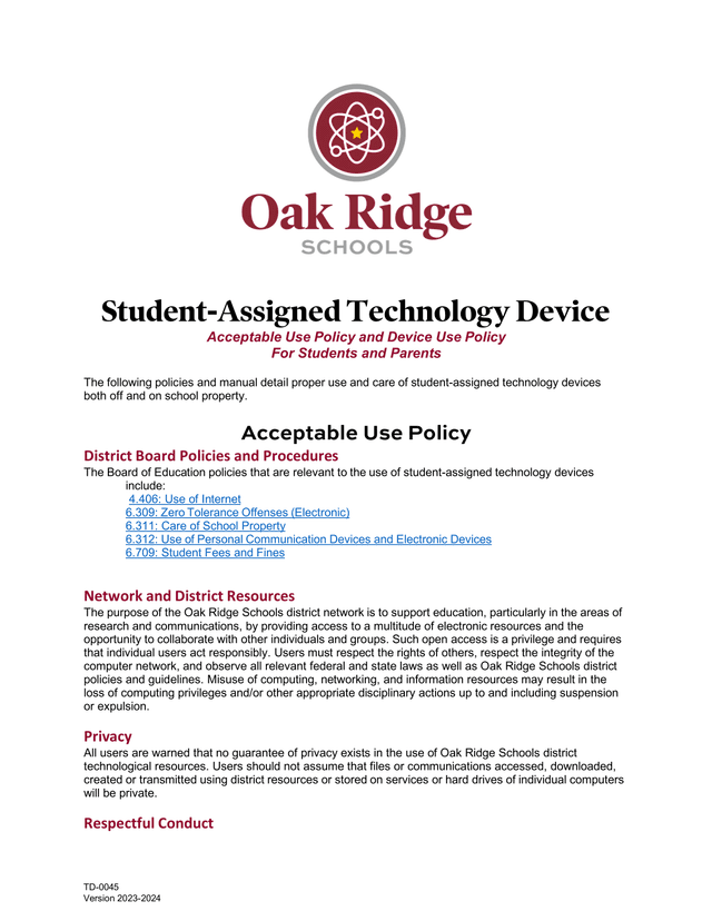 Student Assigned Technology Device Acceptable Use Policy And Device Use Policy screenshot