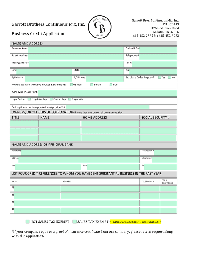 Garrott Brothers Continuous Mix, Inc. Business Credit Application screenshot