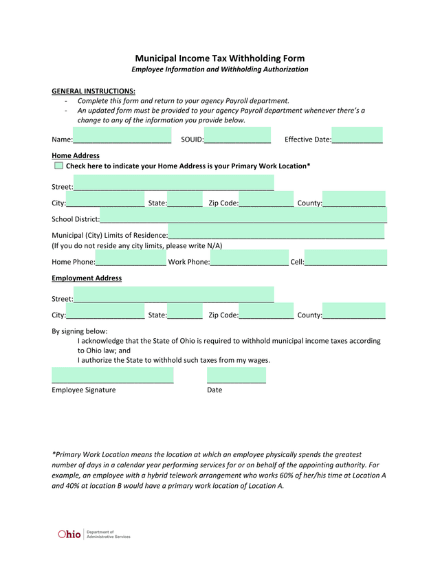 Municipal Income Tax Withholding Form screenshot