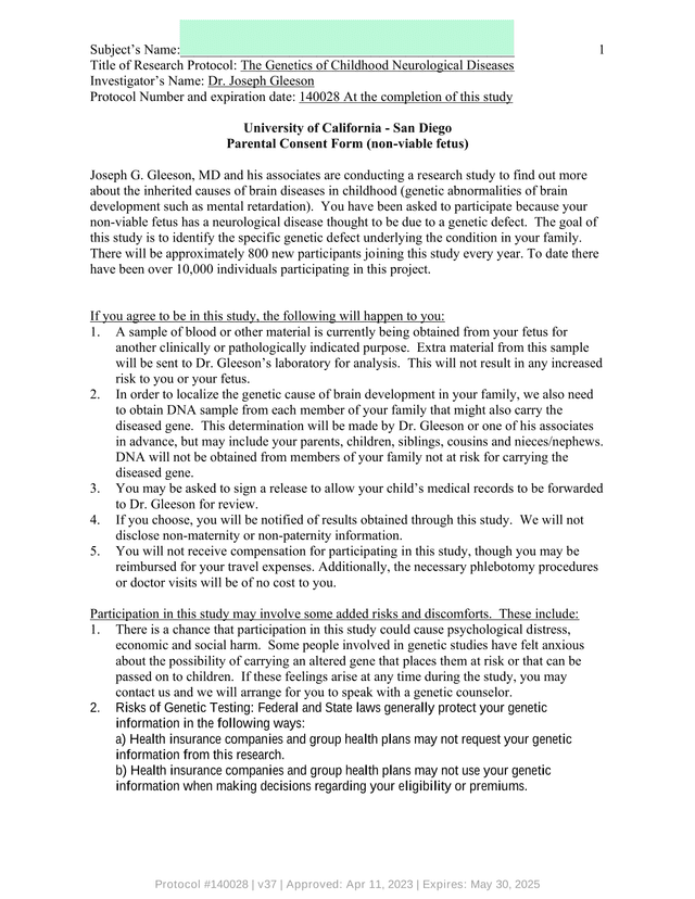 Parental Consent Form (Non Viable Fetus) screenshot