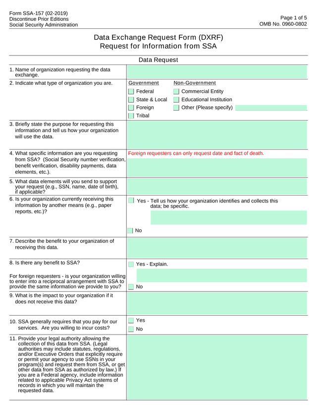 SSA 157 Data Exchange Request Form (DXRF) screenshot