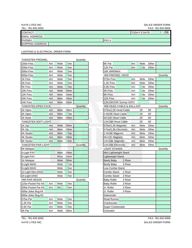 KAYE LITES INC. SALES ORDER FORM screenshot