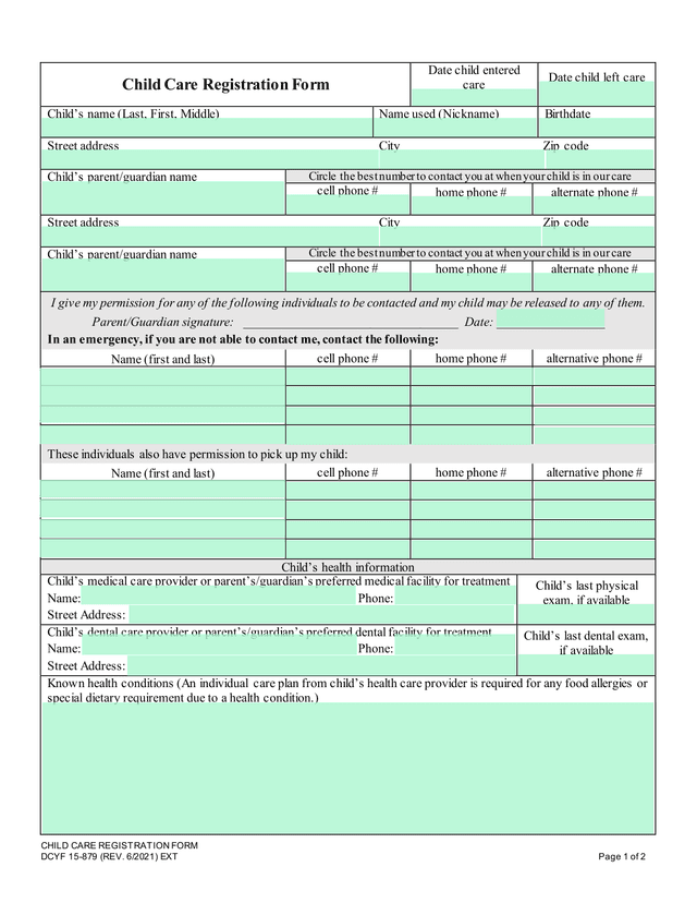 Child Care Registration Form screenshot