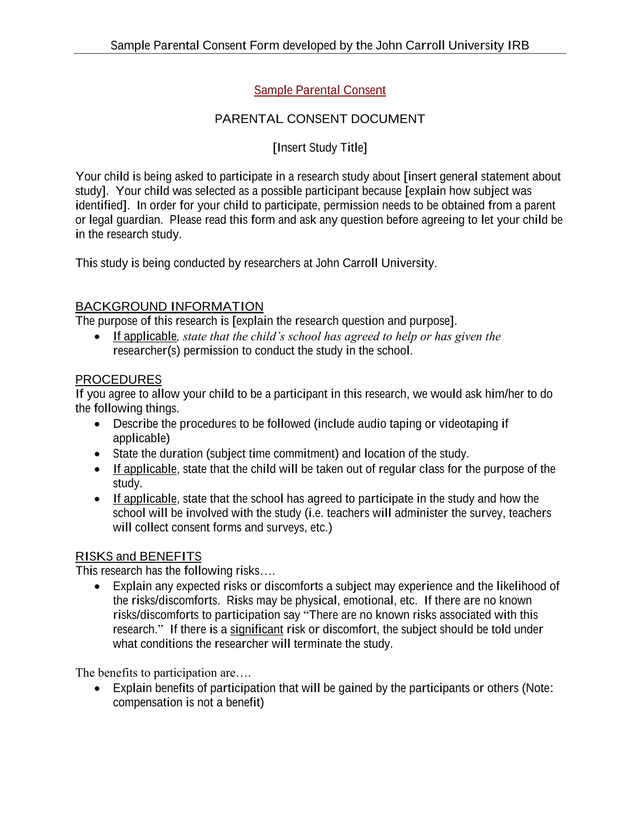 Sample Parental Consent Form screenshot