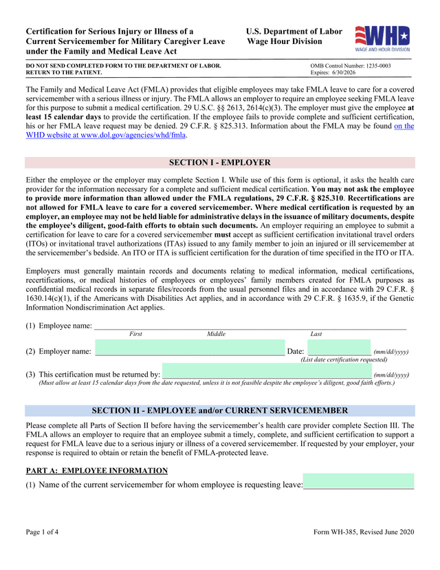 Military Caregiver Leave Certification (WH 385) screenshot