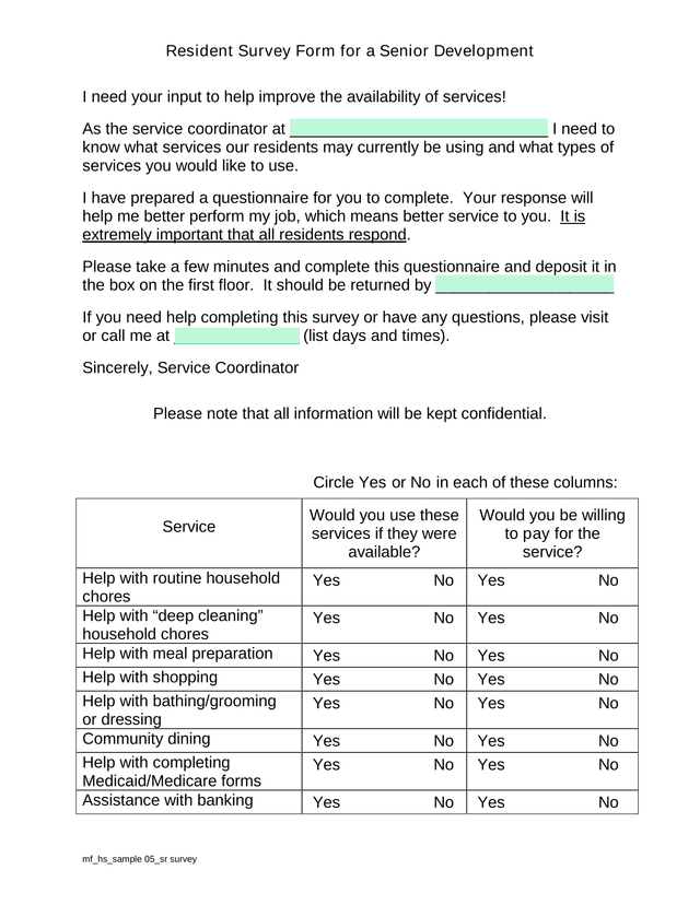 Resident Survey Form For A Senior Development screenshot