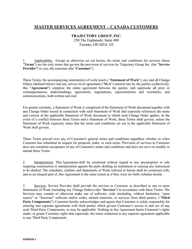 Master Services Agreement  Canada Customers screenshot