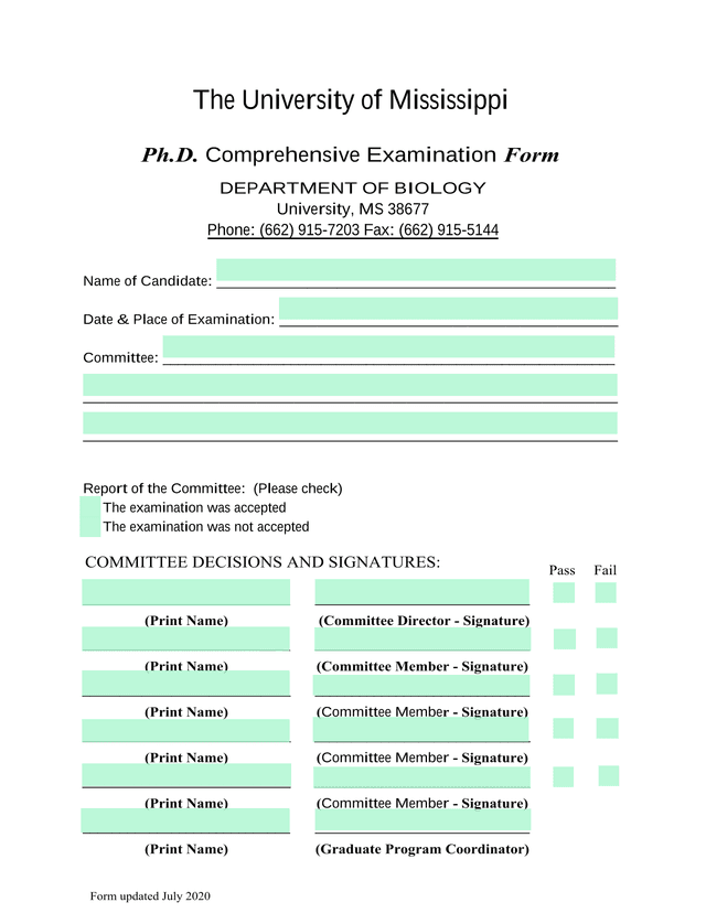 Ph.D. Comprehensive Examination Form screenshot