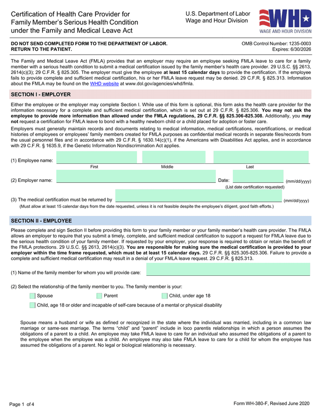Form WH 380 F, Certification Of Health Care Provider For Family MemberS Serious Health Condition Und screenshot
