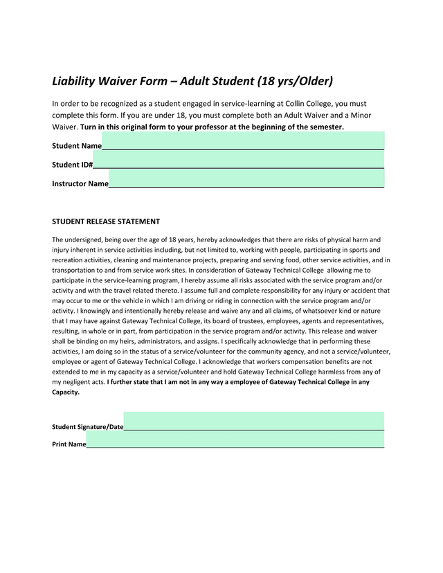 Liability Waiver Form  Adult Student (18 YrsOlder) screenshot