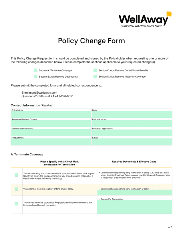 Policy Change Form screenshot