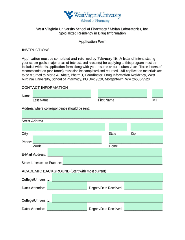 Specialized Residency In Drug Information Application Form screenshot