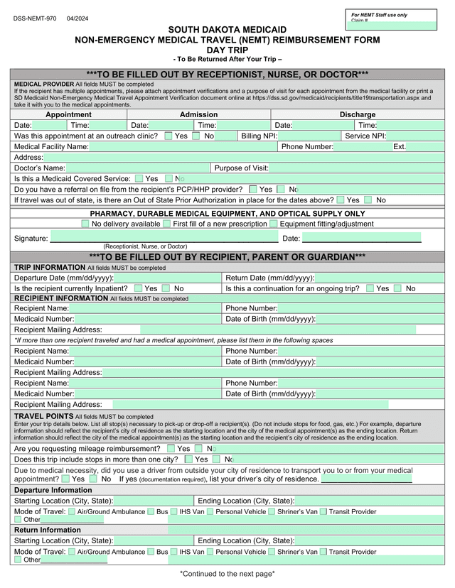 DSS NEMT 970 SOUTH DAKOTA MEDICAID NON EMERGENCY MEDICAL TRAVEL (NEMT) REIMBURSEMENT FORM screenshot