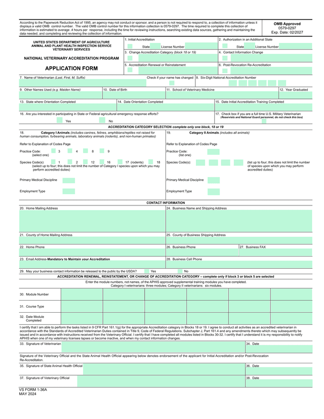 National Veterinary Accreditation Program Application Form screenshot
