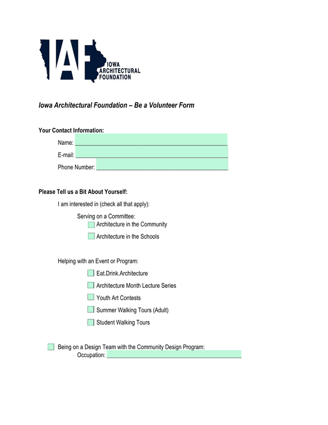 Iowa Architectural Foundation  Be A Volunteer Form screenshot