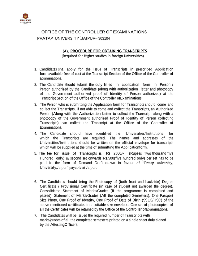 Procedure For Obtaining Transcripts screenshot
