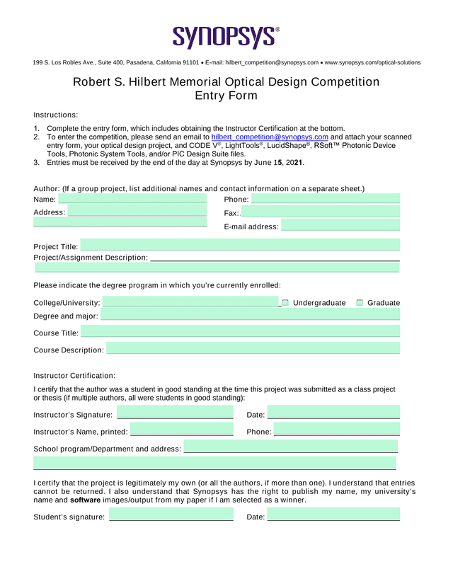 Robert S. Hilbert Memorial Optical Design Competition Entry Form screenshot