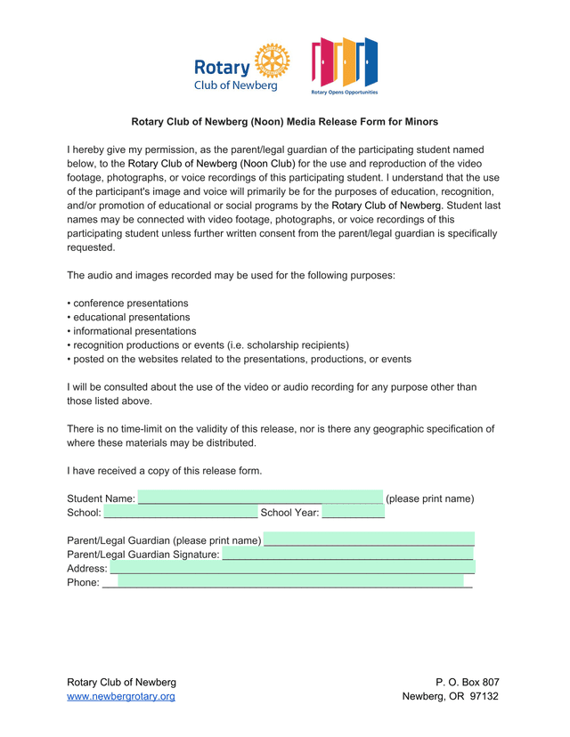 Rotary Club Of Newberg (Noon) Media Release Form For Minors screenshot