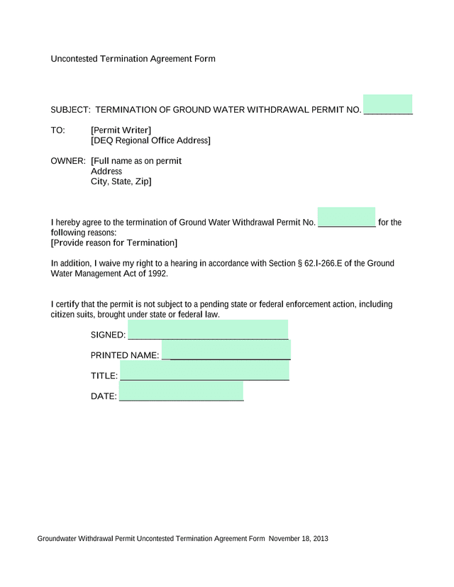 Groundwater Withdrawal Permit Uncontested Termination Agreement Form screenshot