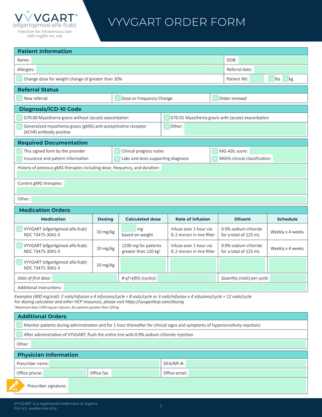 VYVGART ORDER FORM screenshot