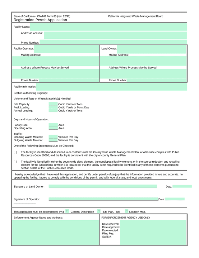 California Integrated Waste Management Board Registration Permit Application screenshot