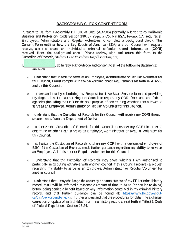 Background Check Consent Form screenshot