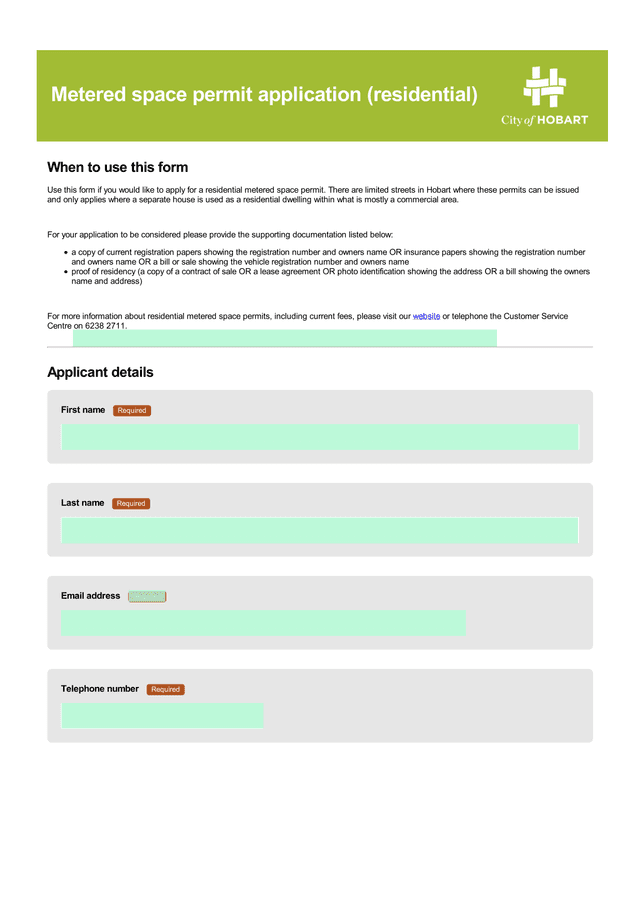 Metered Space Permit Application (Residential) screenshot
