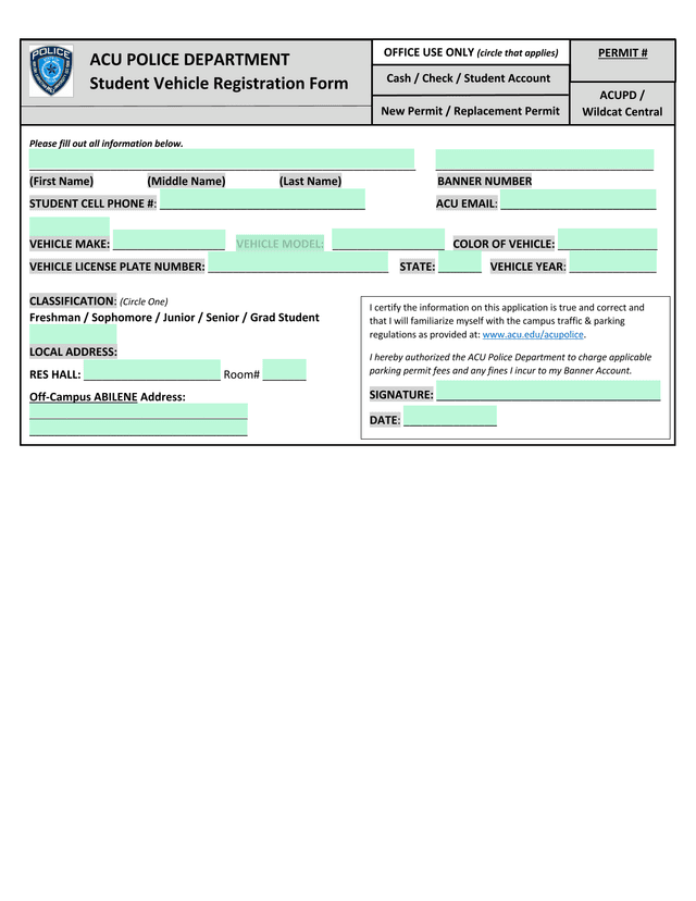 ACU Police Department Student Vehicle Registration Form screenshot