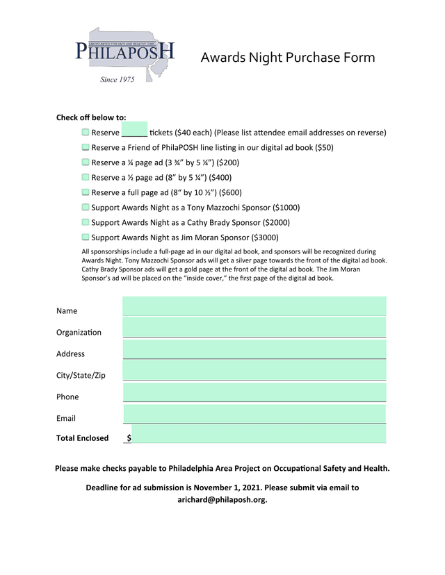 Awards Night Purchase Form screenshot