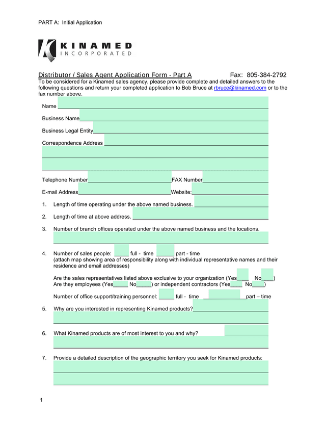 Distributor  Sales Agent Application Form   Part A screenshot