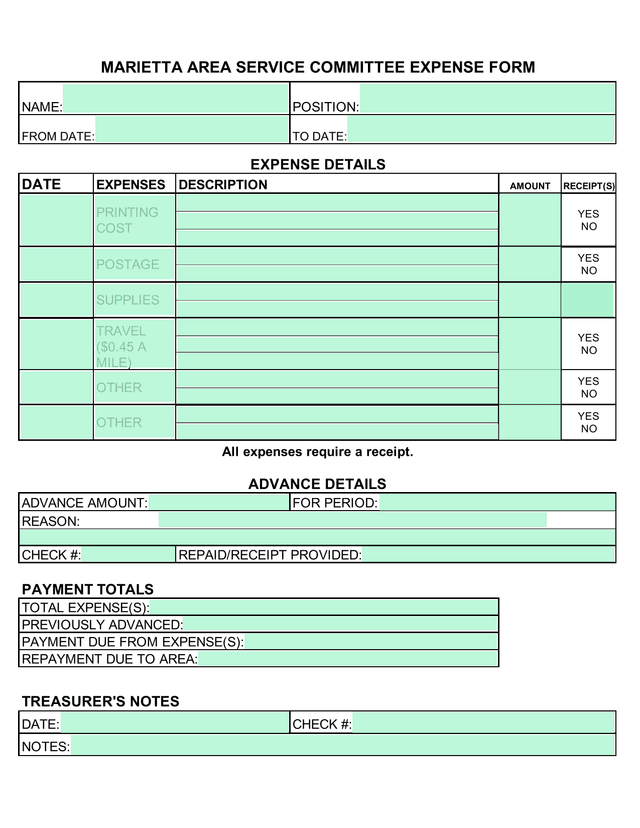 Marietta Area Service Committee Expense Form screenshot