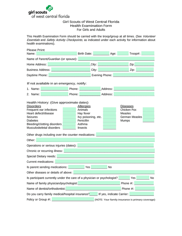 Girl Scouts Of West Central Florida Health Examination Form screenshot