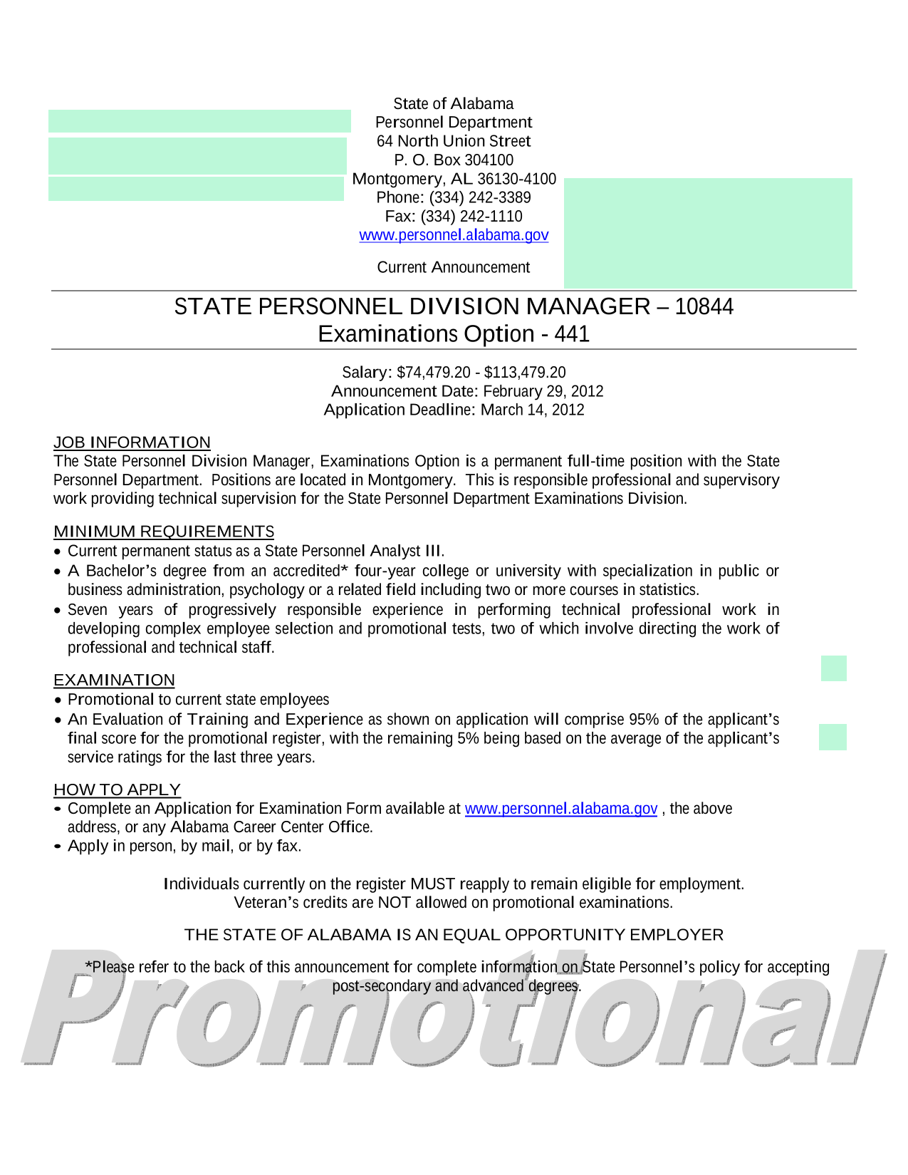 STATE PERSONNEL DIVISION MANAGER Job Announcement screenshot