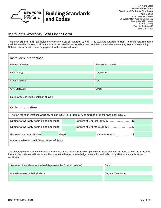 InstallerS Warranty Seal Order Form screenshot