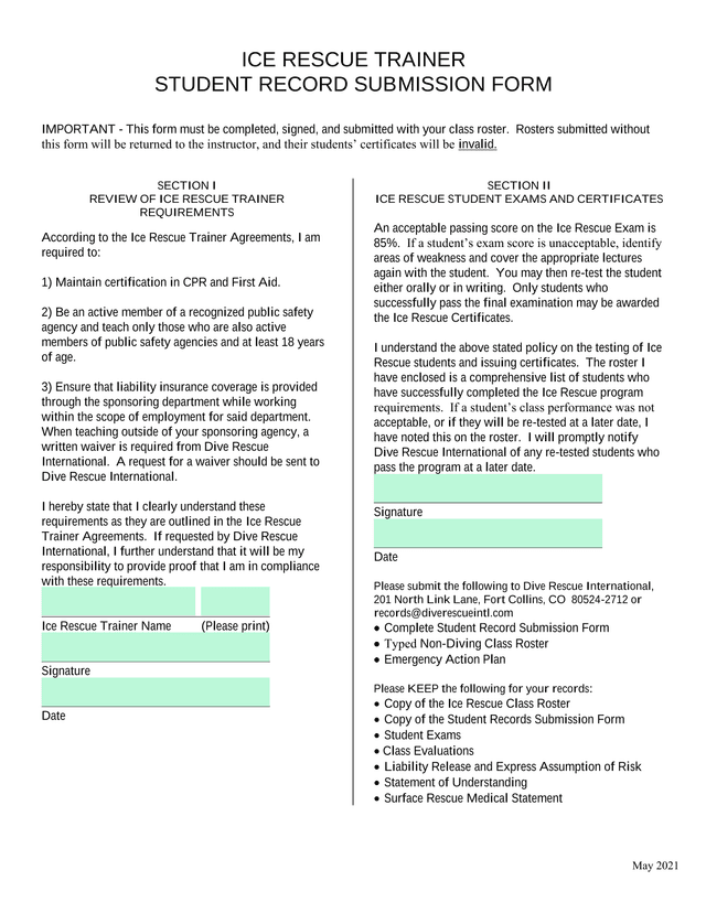 Ice Rescue Trainer Certification Form screenshot