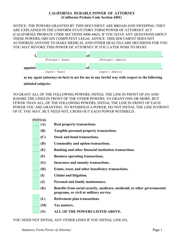 California Durable Power Of Attorney screenshot