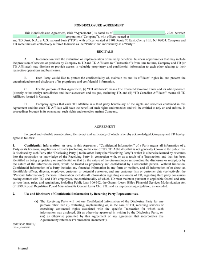 Internal Nondisclosure Agreement screenshot