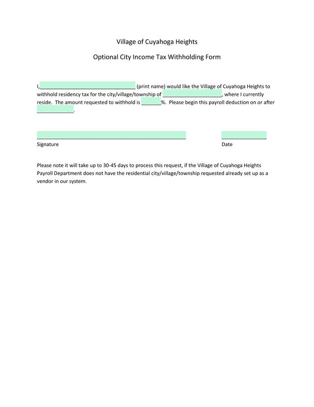 Optional City Income Tax Withholding Form screenshot