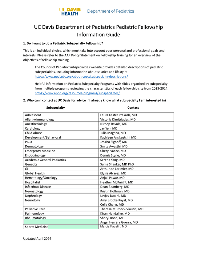 UC Davis Department Of Pediatrics Pediatric Fellowship Information Guide screenshot