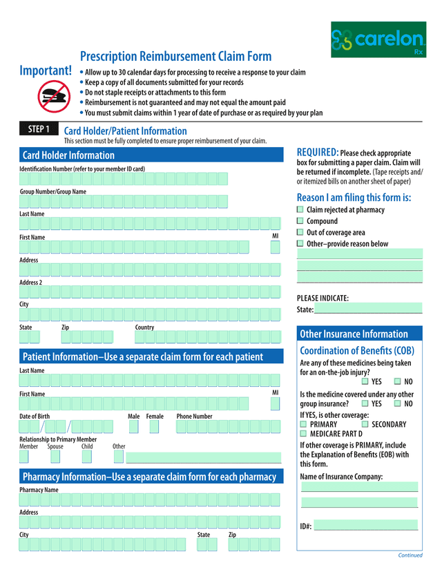 Prescription Reimbursement Claim Form screenshot