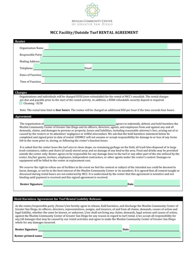 MCC FacilityOutside Turf RENTAL AGREEMENT screenshot