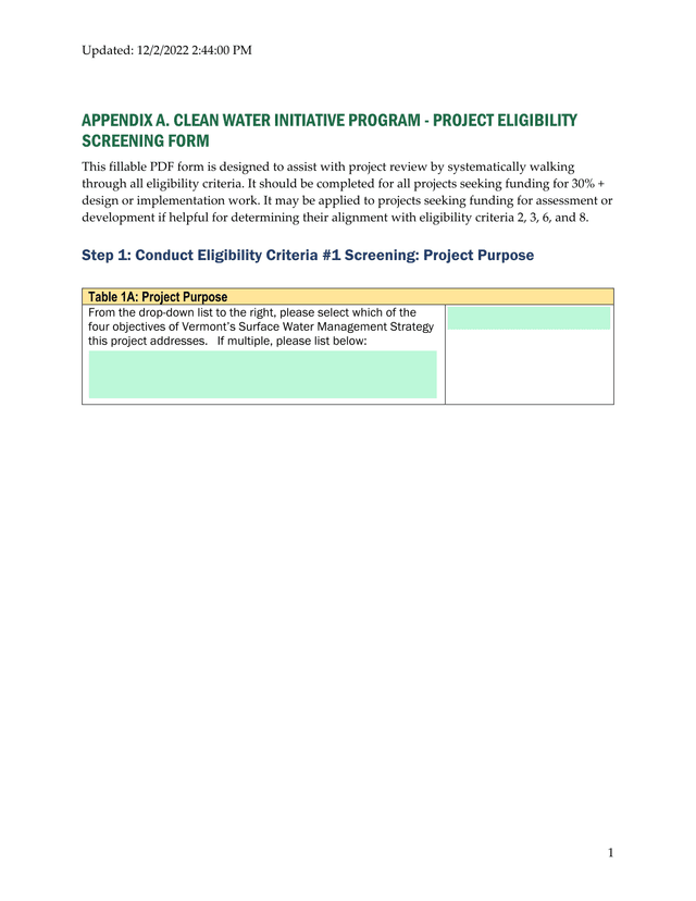Clean Water Initiative Program   Project Eligibility Screening Form screenshot