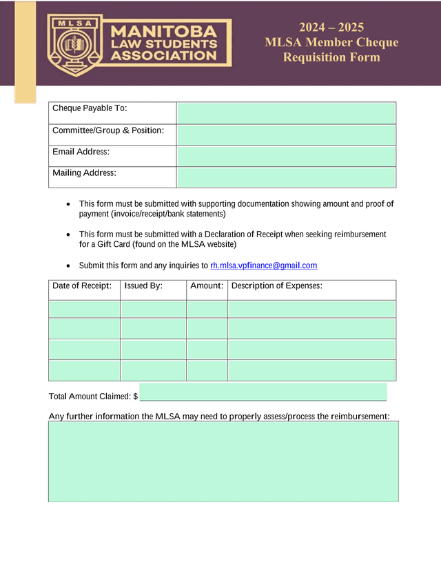 MLSA Member Cheque Requisition Form screenshot