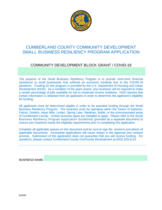Small Business Resiliency Program Application screenshot